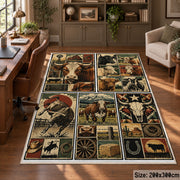Rustic Farm Tools Patchwork area rug shown in a home office