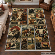 Rustic Farm Tools Patchwork area rug shown in a living room