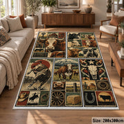 Rustic Farm Tools Patchwork area rug shown in a lounge