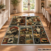 Rustic Farm Tools Patchwork area rug shown in a dining room
