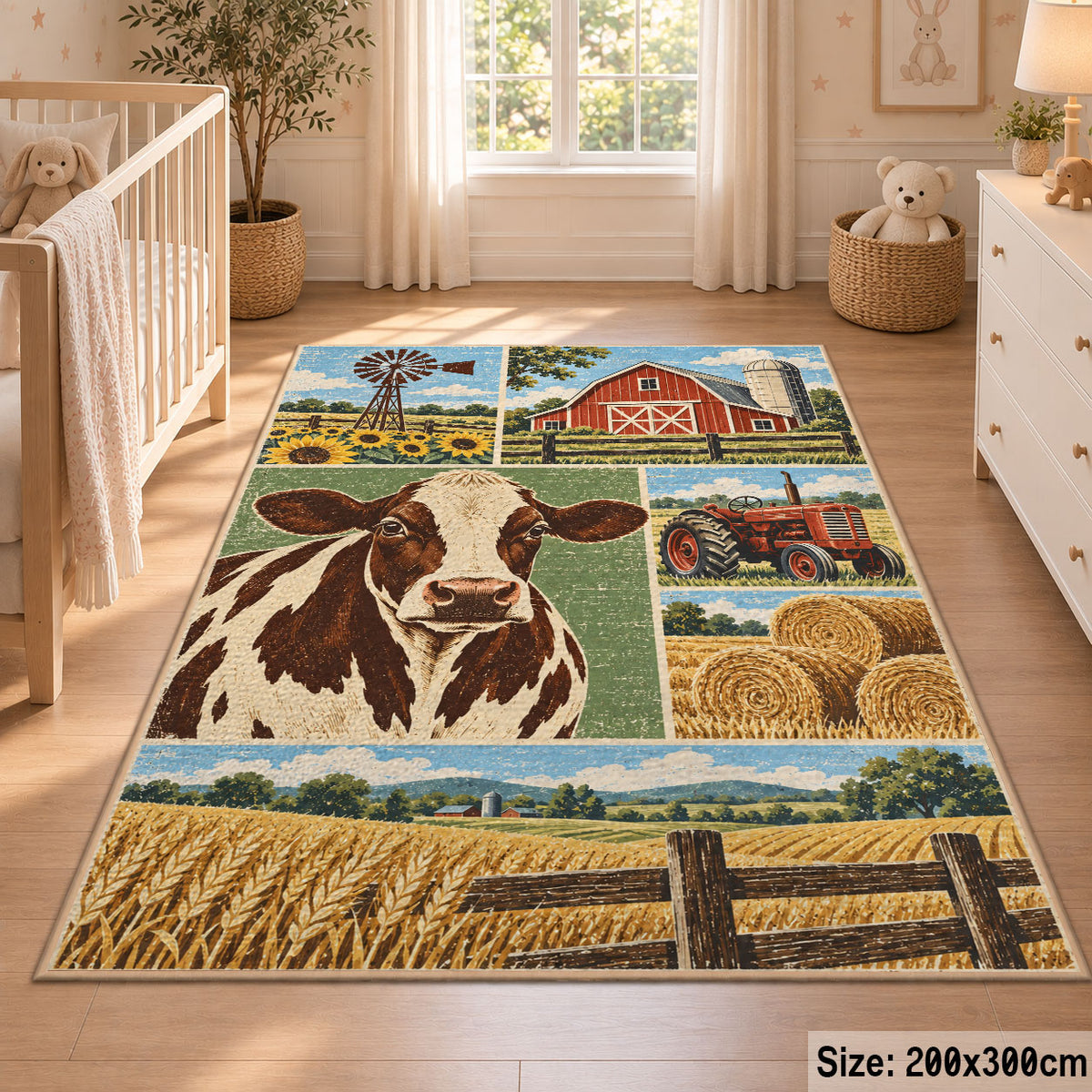 Cow Barn Pasture Rug area rug shown in a nursery