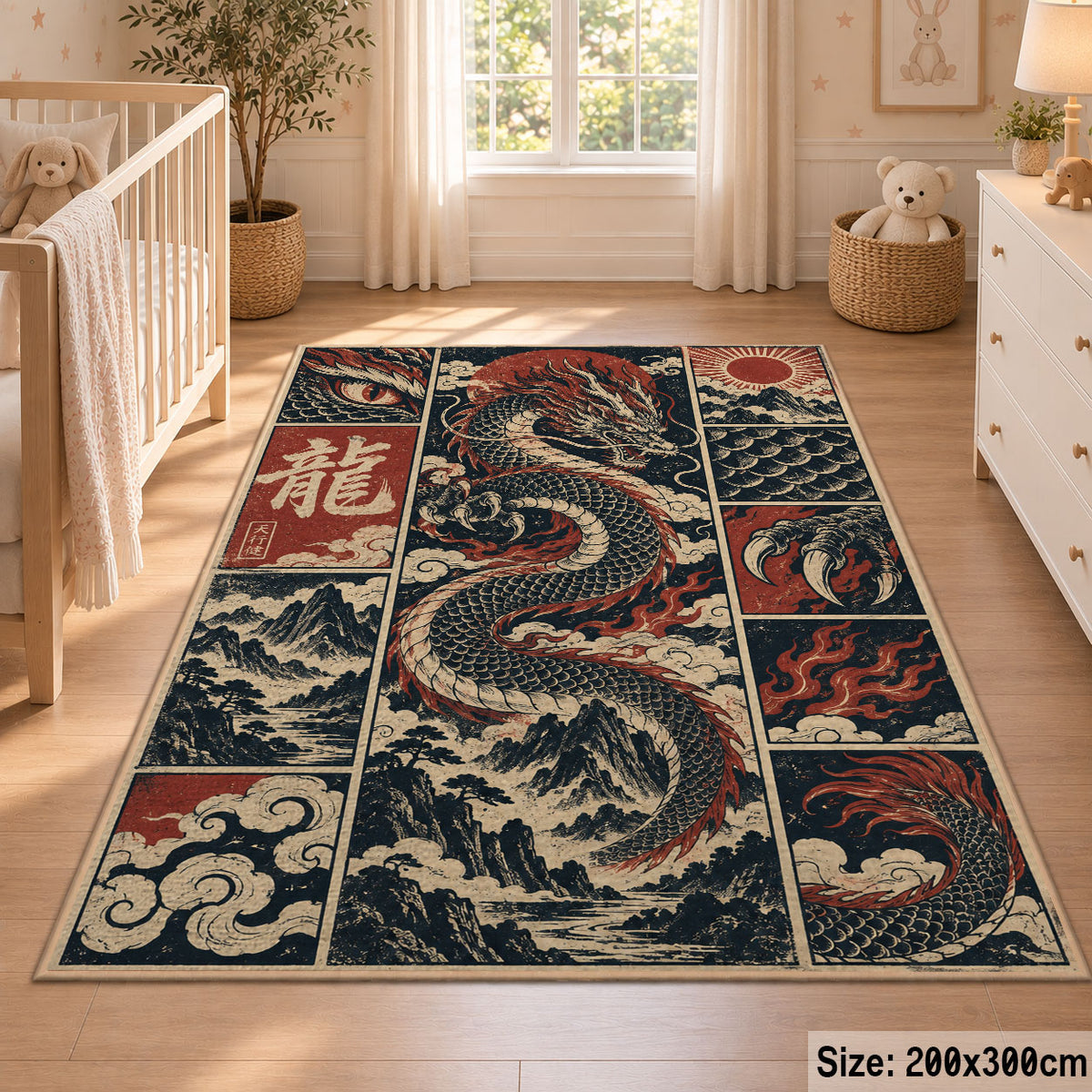 Dragon Fantasy Patchwork area rug shown in a nursery