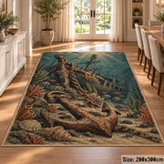 Weathered Anchor Seascape area rug shown in a dining room