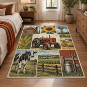 Tractor Country Fields Grid area rug shown in a bedroom