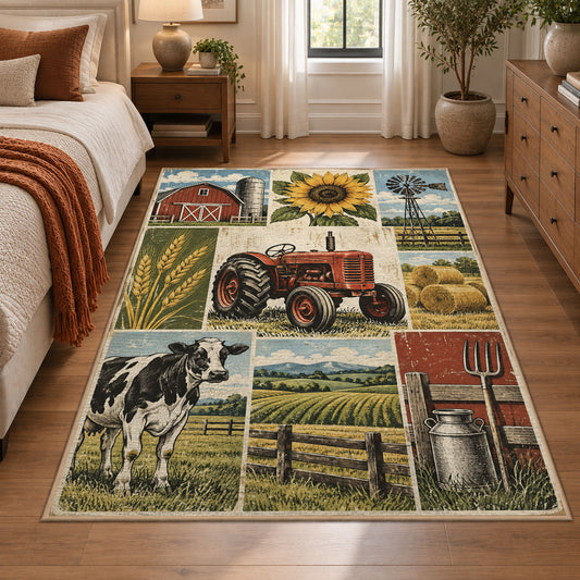 Tractor Country Fields Grid area rug shown in a bedroom