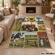 Tractor Country Fields Grid area rug shown in a sitting room