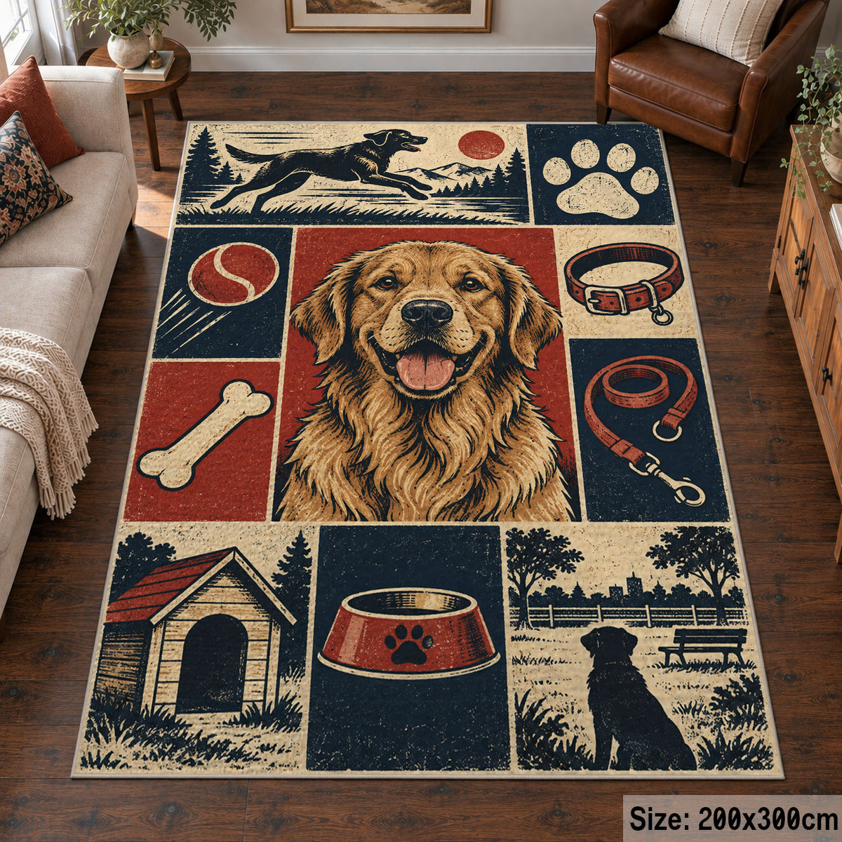Dog Kennel Portrait Grid area rug shown in a living room