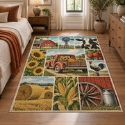Farm Wagon Harvest Grid area rug shown in a bedroom