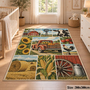 Farm Wagon Harvest Grid area rug shown in a nursery
