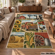 Farm Wagon Harvest Grid area rug shown in a lounge