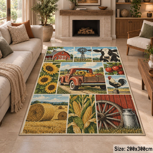 Farm Wagon Harvest Grid area rug shown in a sitting room