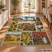 Farm Wagon Harvest Grid area rug shown in a dining room
