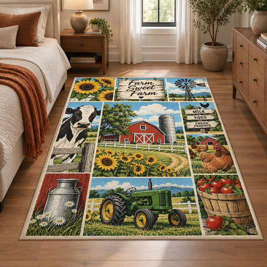 Farm Life Patchwork area rug shown in a bedroom