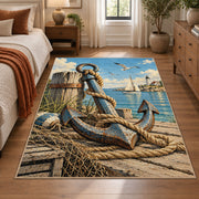 Seaside Anchor Rope Art area rug shown in a bedroom