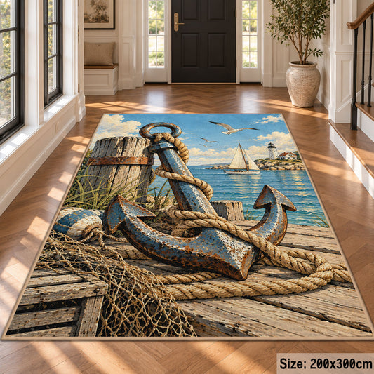 Seaside Anchor Rope Art area rug shown in a foyer