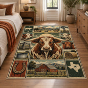 Cow Country Farm Grid area rug shown in a bedroom