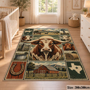 Cow Country Farm Grid area rug shown in a nursery