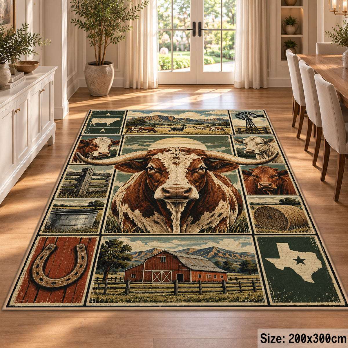 Cow Country Farm Grid area rug shown in a dining room