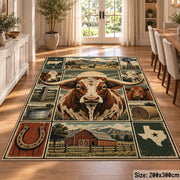 Cow Country Farm Grid area rug shown in a dining room