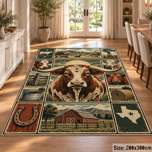 Cow Country Farm Grid area rug shown in a dining room