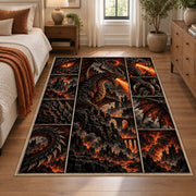 Fire Dragon Dark Grid area rug shown in a bedroom