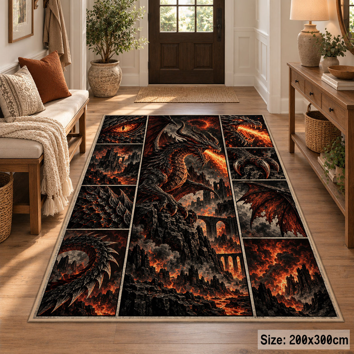 Fire Dragon Dark Grid area rug shown in a entryway
