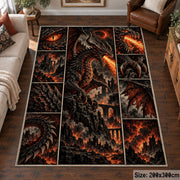 Fire Dragon Dark Grid area rug shown in a living room
