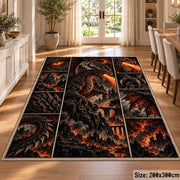 Fire Dragon Dark Grid area rug shown in a dining room