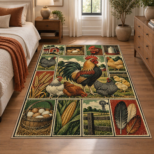 Rooster Barnyard Patchwork area rug shown in a bedroom