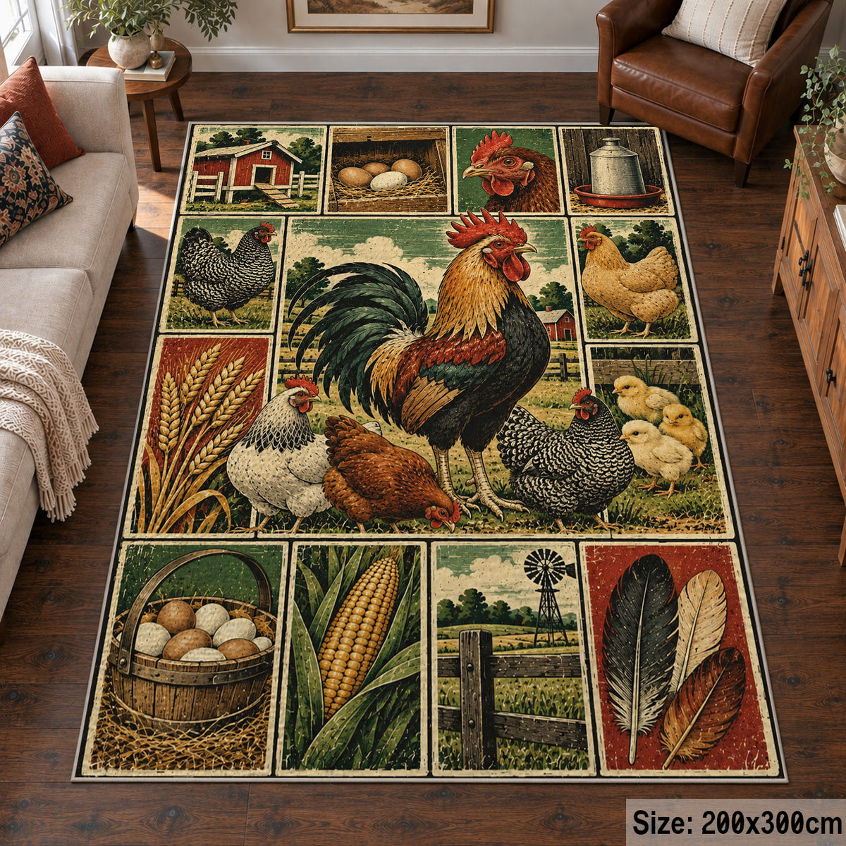 Rooster Barnyard Patchwork area rug shown in a living room