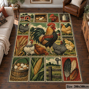Rooster Barnyard Patchwork area rug shown in a living room