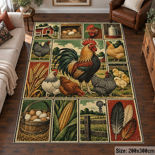 Rooster Barnyard Patchwork area rug shown in a living room