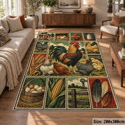 Rooster Barnyard Patchwork area rug shown in a lounge