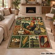 Rooster Barnyard Patchwork area rug shown in a sitting room