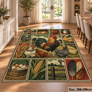 Rooster Barnyard Patchwork area rug shown in a dining room