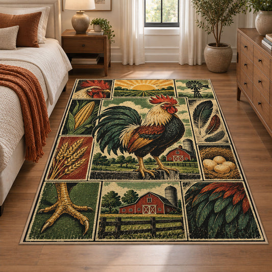 Rooster Farm Collage area rug shown in a bedroom