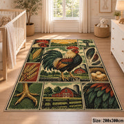 Rooster Farm Collage area rug shown in a nursery