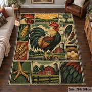 Rooster Farm Collage area rug shown in a living room