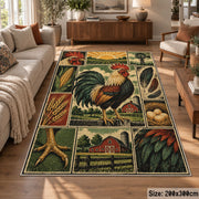 Rooster Farm Collage area rug shown in a lounge