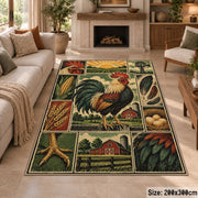 Rooster Farm Collage area rug shown in a sitting room