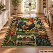 Rooster Farm Collage area rug shown in a dining room