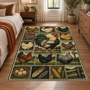 Country Rooster Grid area rug shown in a bedroom