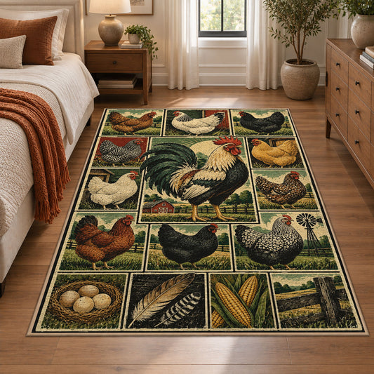 Country Rooster Grid area rug shown in a bedroom