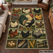 Country Rooster Grid area rug shown in a living room
