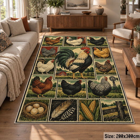 Country Rooster Grid area rug shown in a lounge