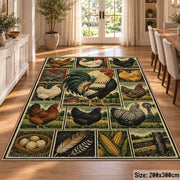 Country Rooster Grid area rug shown in a dining room