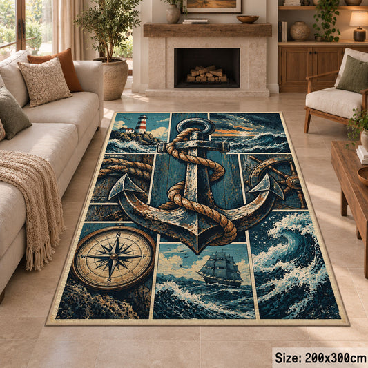 Maritime Anchor Compass Grid area rug shown in a sitting room