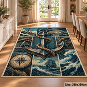 Maritime Anchor Compass Grid area rug shown in a dining room