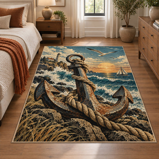 Anchor on Coastal Shore area rug shown in a bedroom