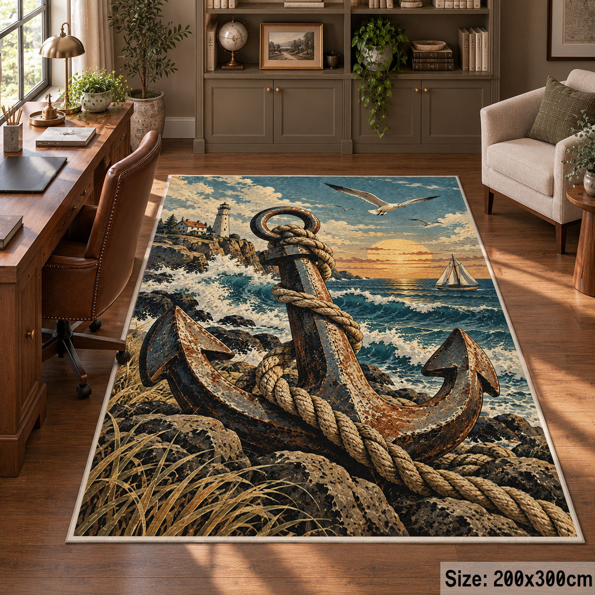 Anchor on Coastal Shore area rug shown in a home office